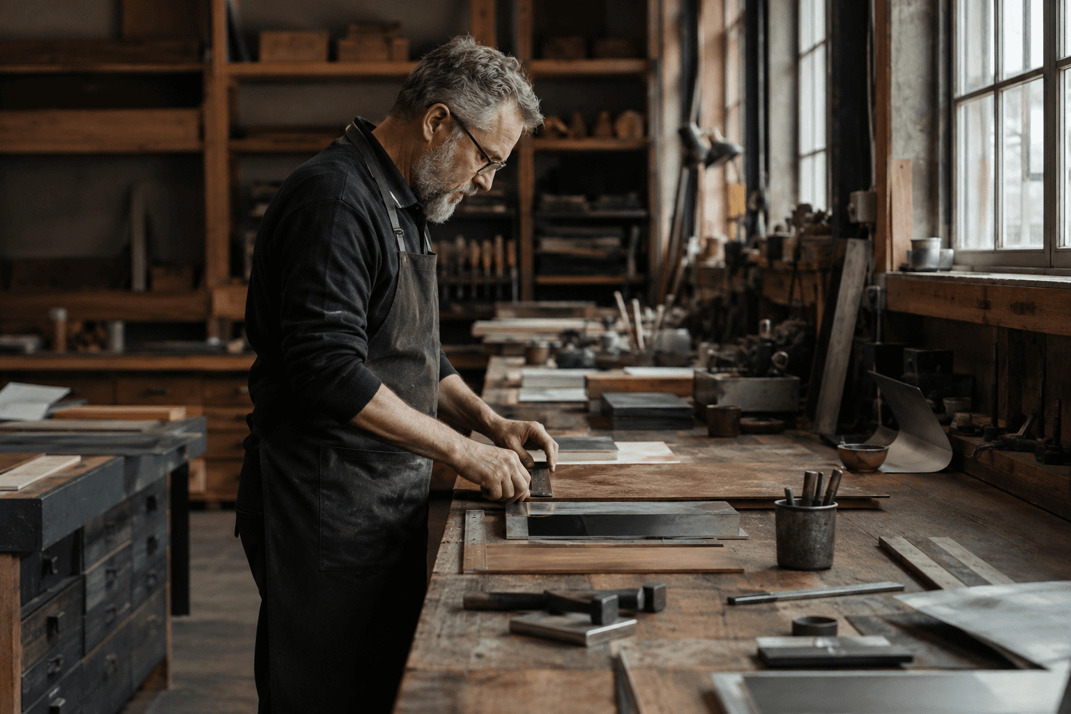 An experienced craftsperson working deliberately at a workshop bench.