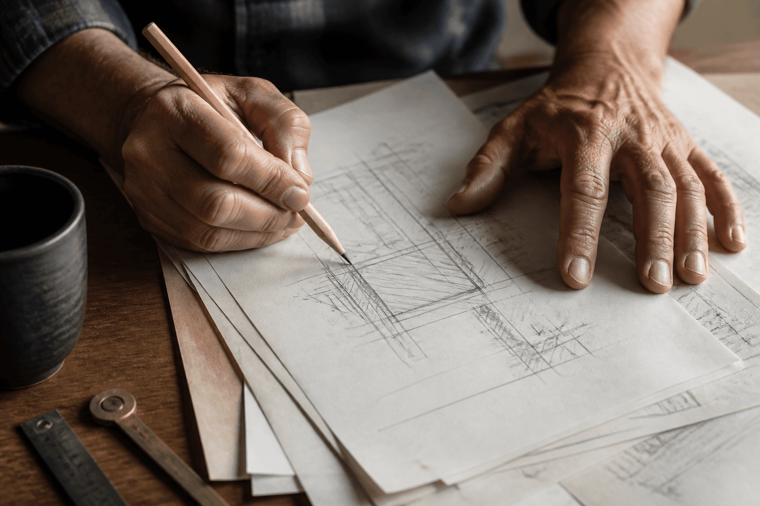 Hands sketching practical plans on a workshop table.