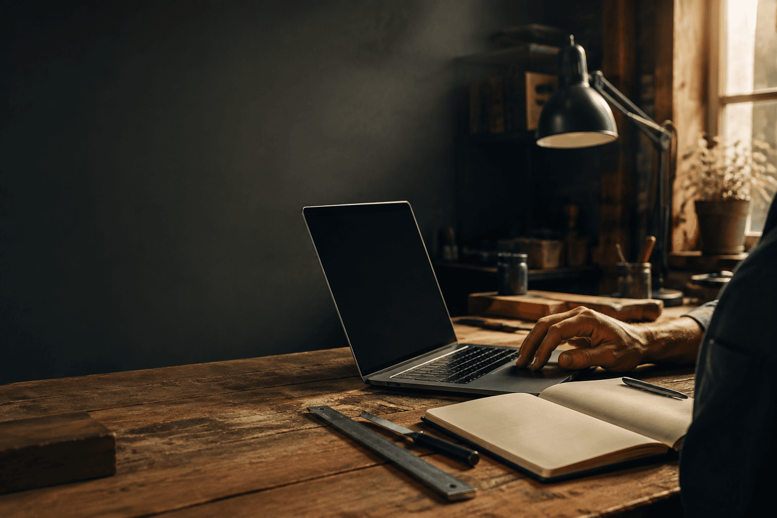 A laptop and notebook in use at a practical workshop table.
