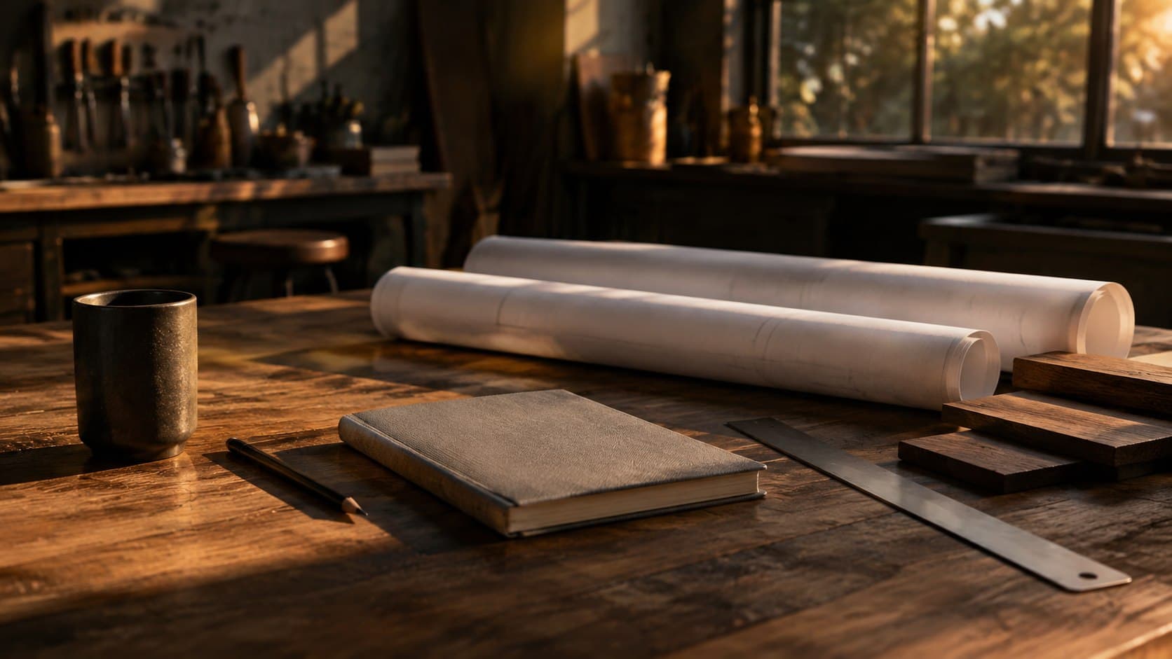 Plans and practical tools resting on a warmly lit workshop table.