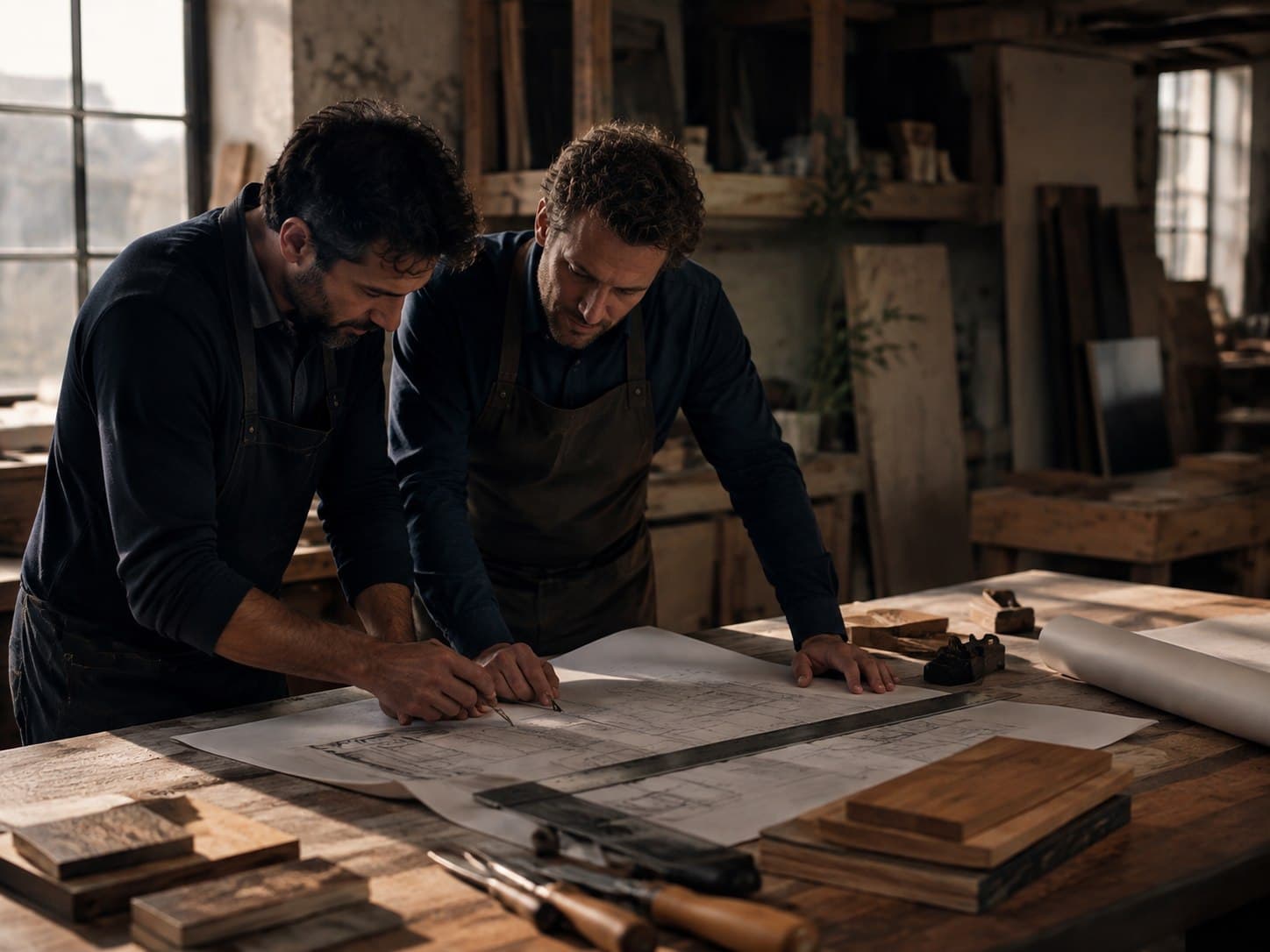 Two craftspeople reviewing plans together at a workshop table.