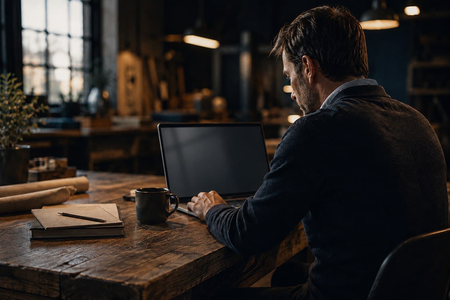 Small-business operator working at an unbranded laptop in a workshop.