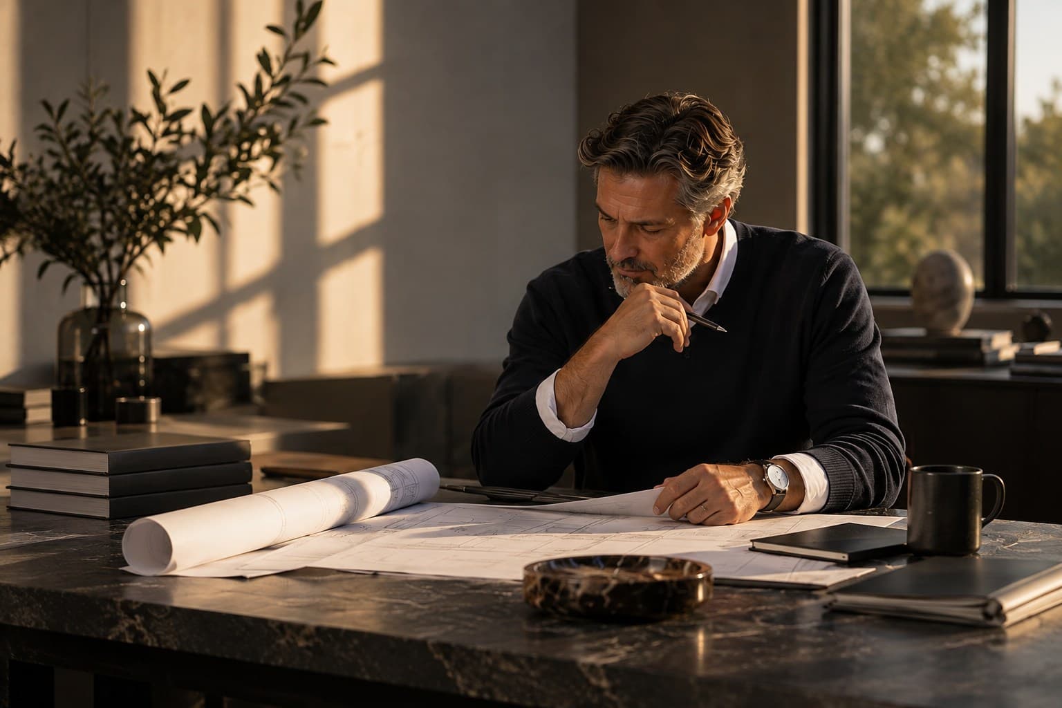 Experienced business owner reviewing plans at a worktable.