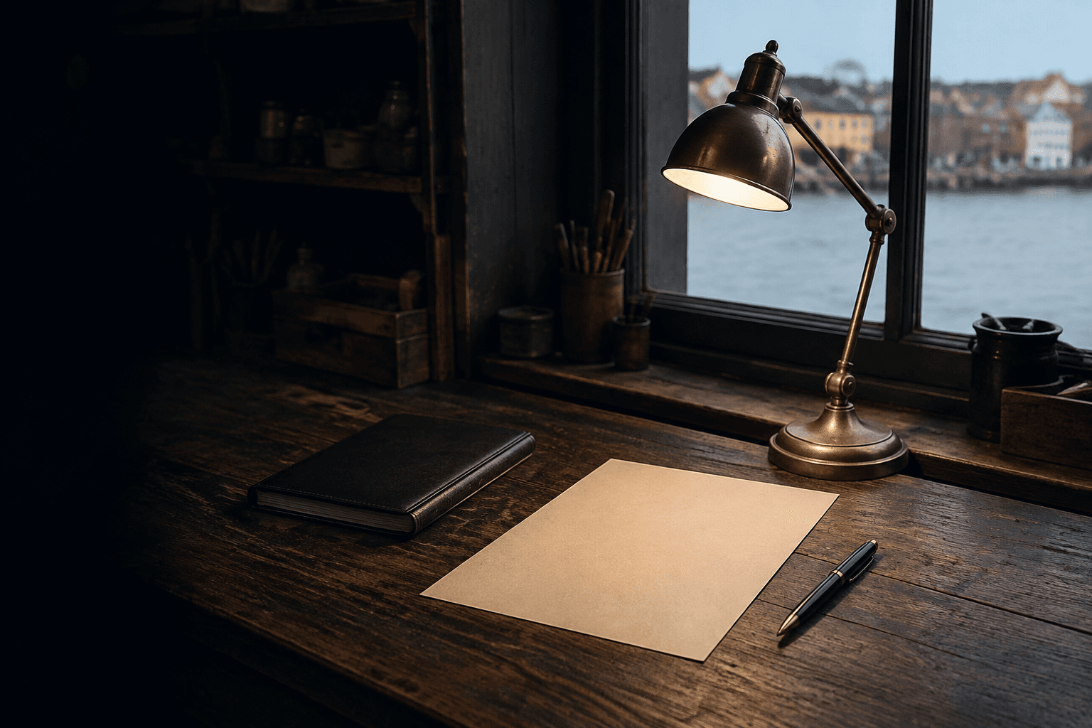 A quiet worktable with blank correspondence paper, a notebook, a pen, and a warm desk lamp by a window.