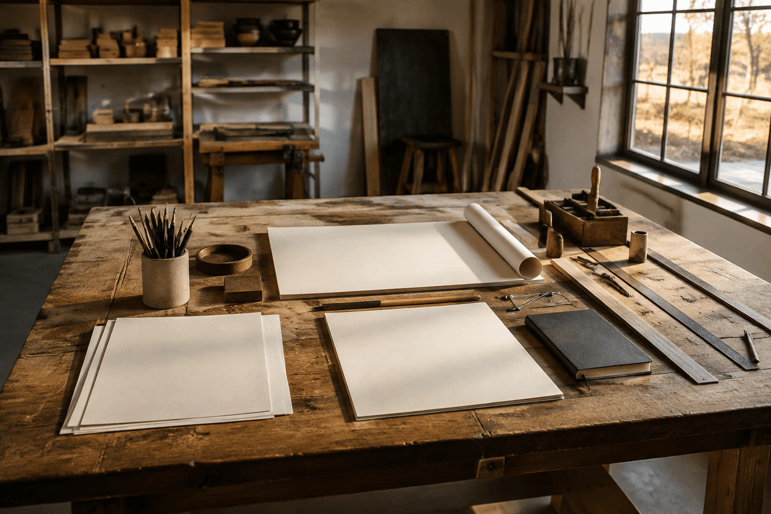 A practical workshop table prepared with blank plans and tools for new work.