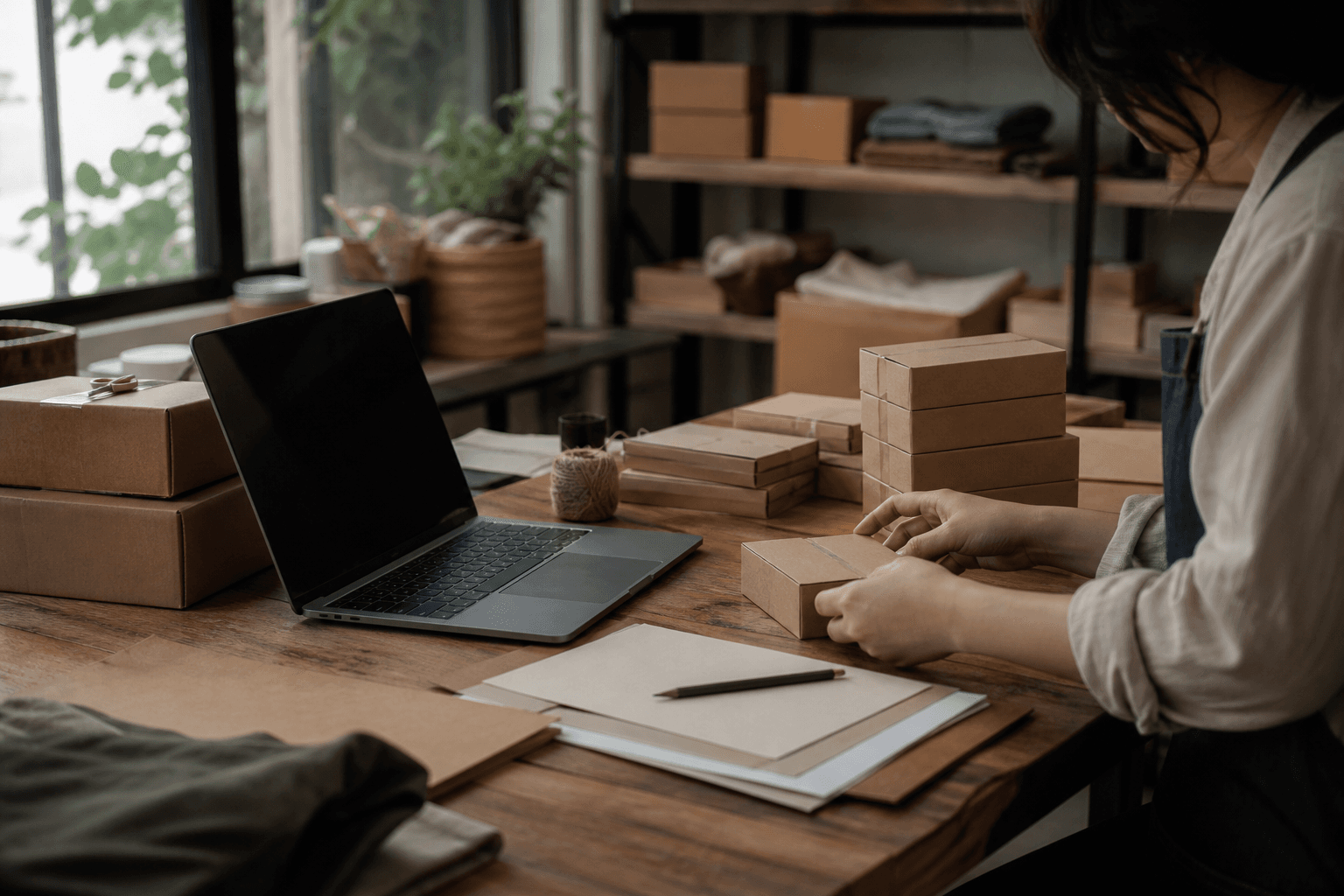 An operator organizing plain inventory and paperwork beside an unbranded laptop.