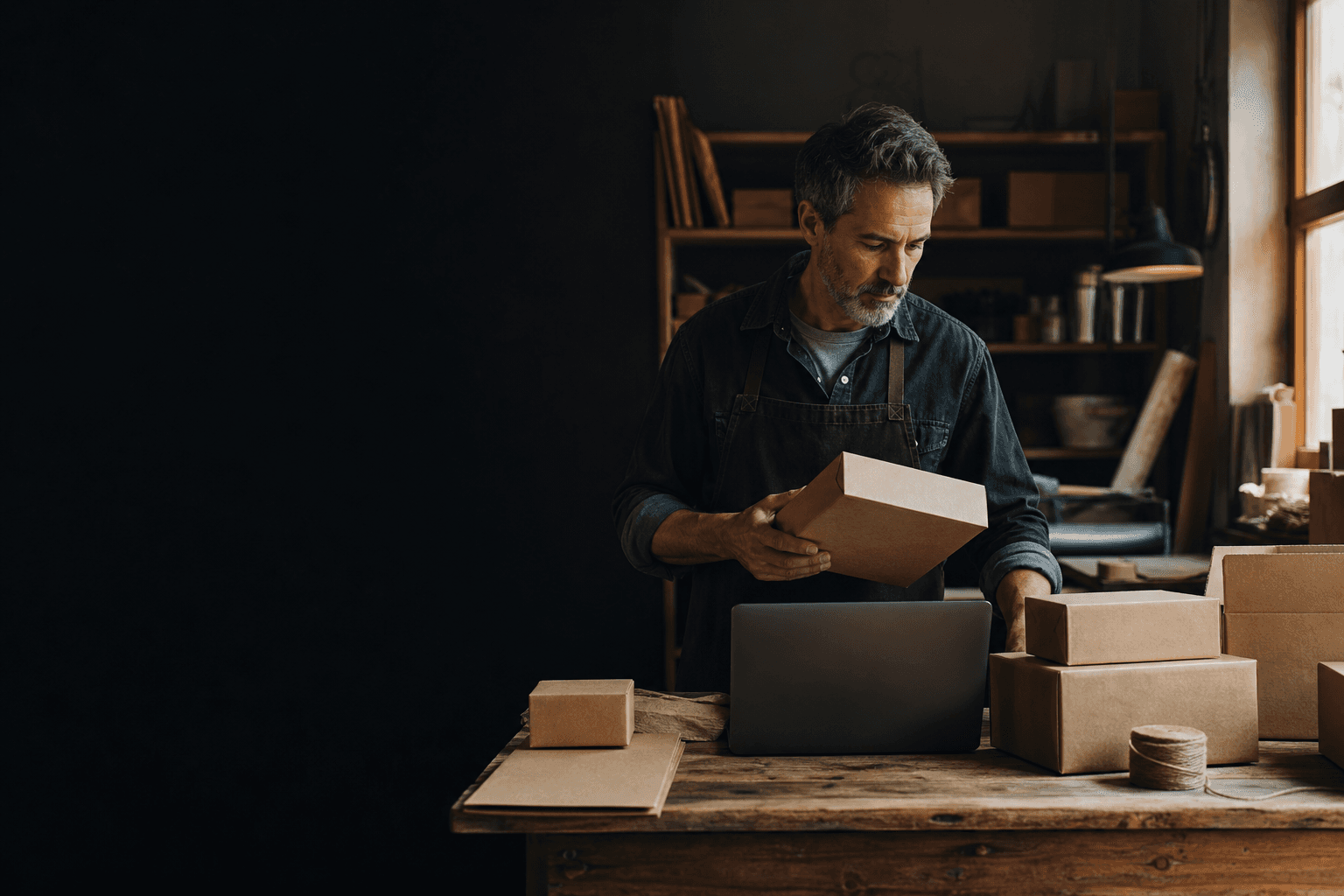 Small-business operator managing plain inventory beside an unbranded laptop.